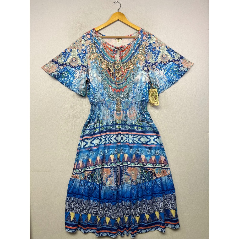 Boho Peasant One World Women L Blue Mixed Print Smocked Tiered Dress Festival